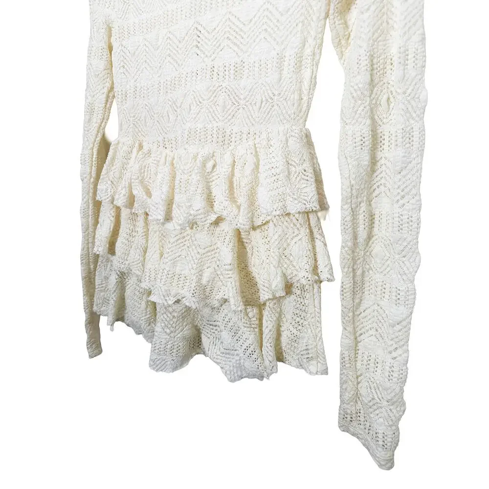 Free‎ People Women's Cream Ruffle Lace Tiered Top Peasant Bohemian Cottagecore S